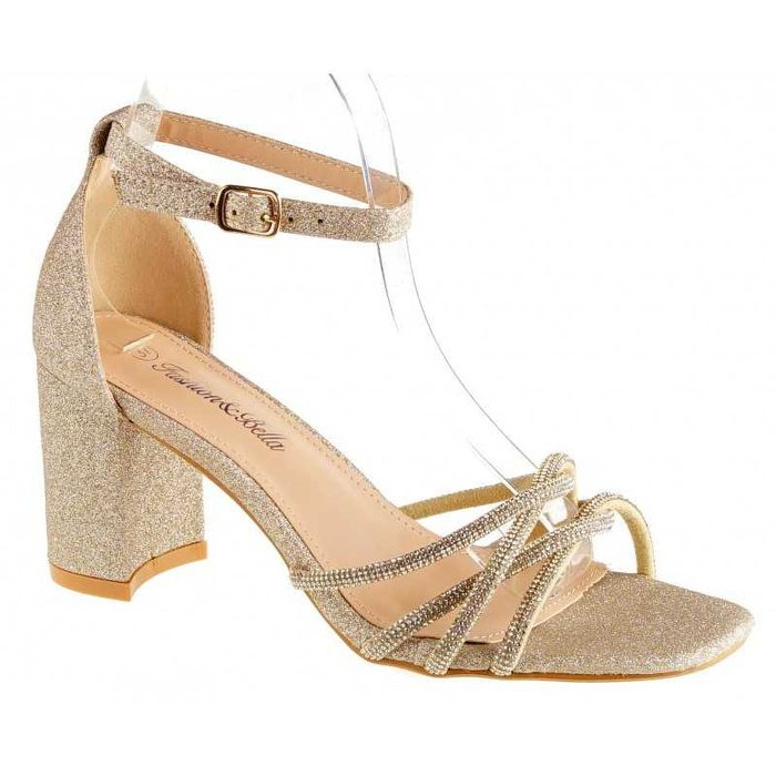 Sandały na obcasie słupku 7 cm. złote brokatowe r 39