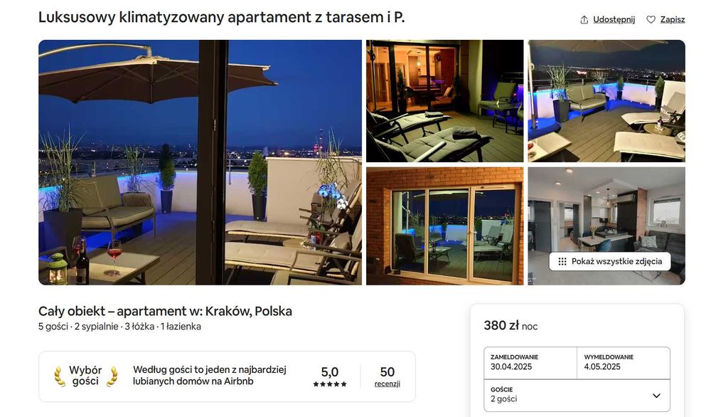 Noclegi Kraków Luksusowy Klimatyzowany Apartament z tarasem i parking.