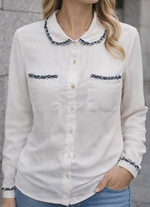 Camisa social feminina Essenxa – detalhe tweed (branca)