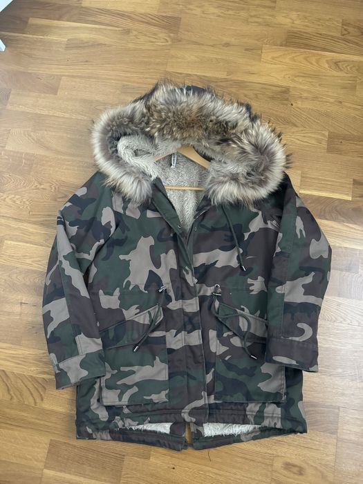 Kurtka zimowa damska parka naturalny jenot XL moro bardzo ciepła