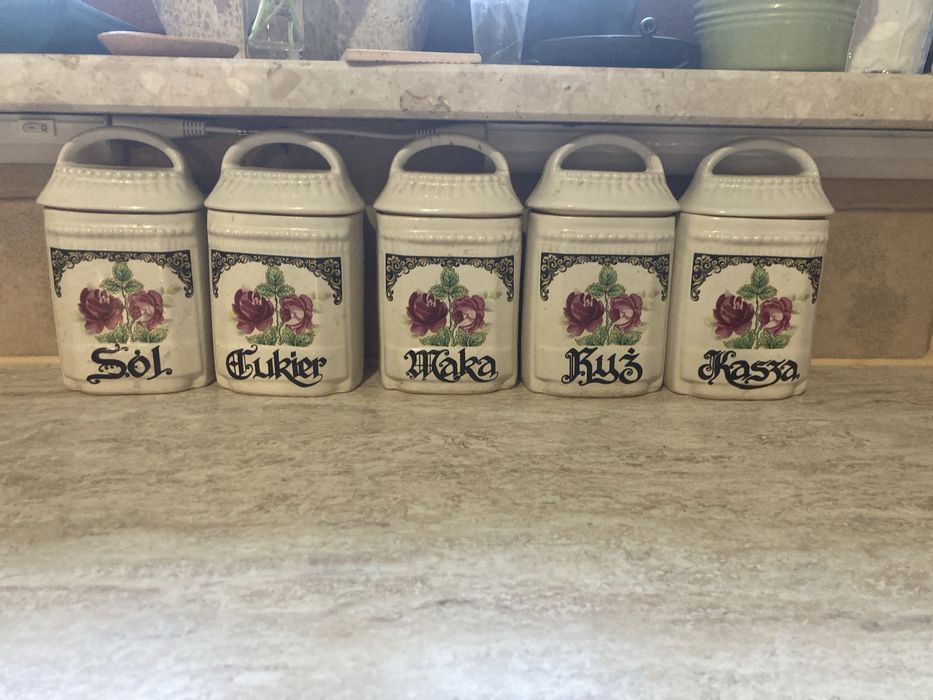 Stare, fajansowe pojemniki kuchenne z PRL- u na cukier, sól, mąkę itp