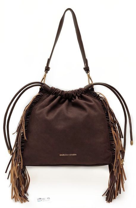 Elegancka Torebka Listonoszka Worek z Frędzlami Styl Boho Western Brąz