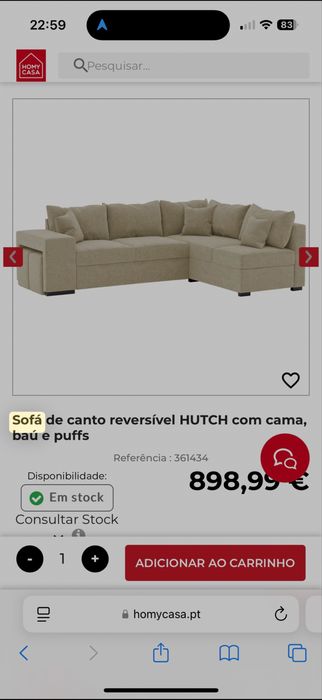Sofa de canto reversivel HUTCH com cama bau e puff