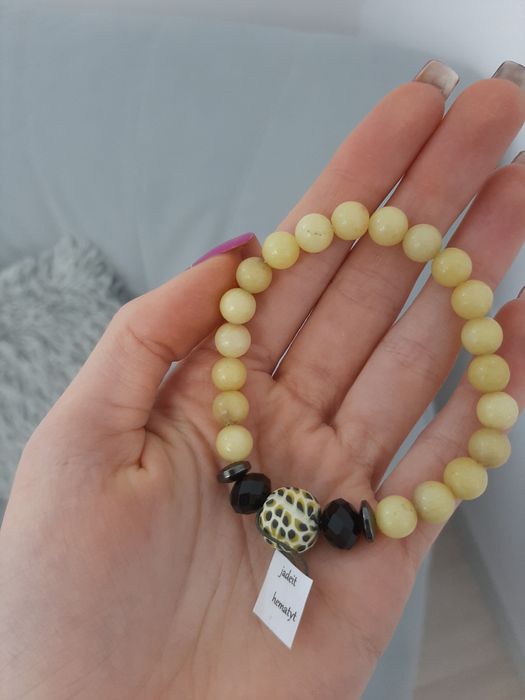 Żółta bransoletka handmade ręcznie robiona jadeit hematyt