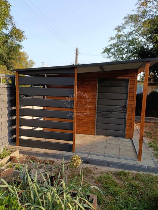 domek ogrodowy 3,5x3m + wiata 2m okno drewnopodobny antracyt  ID756