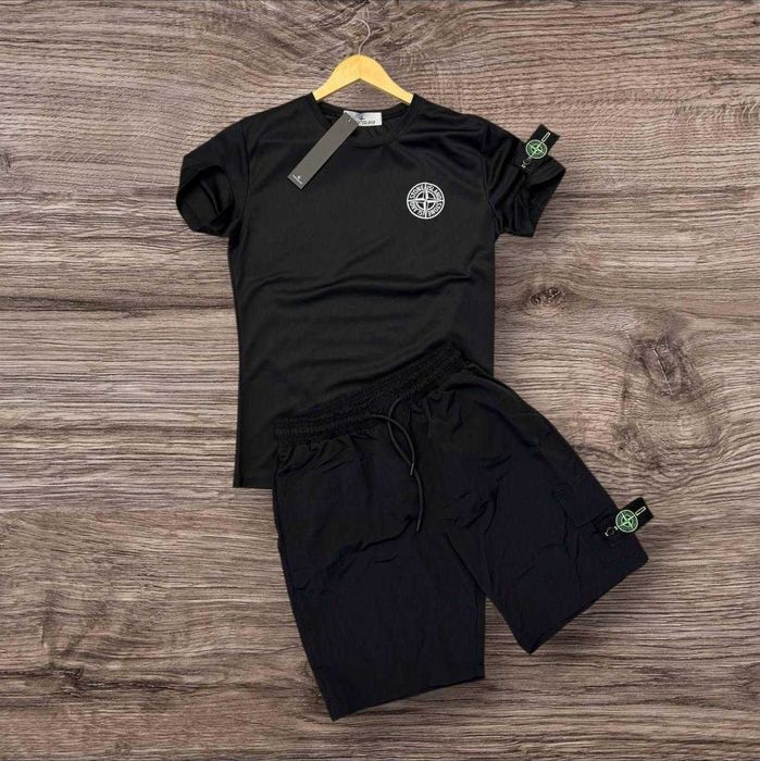 Костюм Stone Island чоловічий літній футболка та шорти Стон Айленд чорний | Мужской летний костюм черный футболка и шорты S M L XL XXL