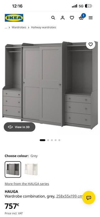 Roupeiro IKEA HAUGA – combinação completa, cinzento
