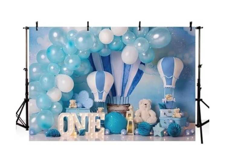 MEHOFOND 2,4x1,8m,niebieski chłopiec1urodziny tło fotograficzne balony