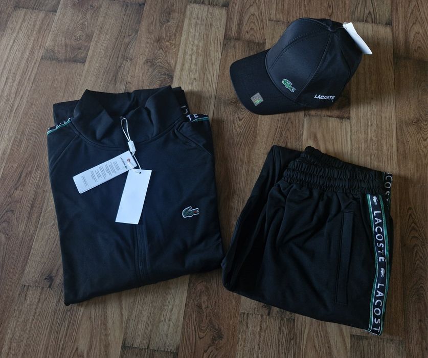Zestaw 3 cześć dresy męskie Lacoste 2x xl l  czarny lampas spodnie bluza czapka metki  bawełna