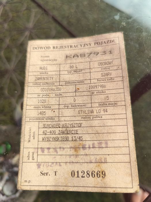 Kolekcjonerski dowód rejestracyjny Audi 60 l