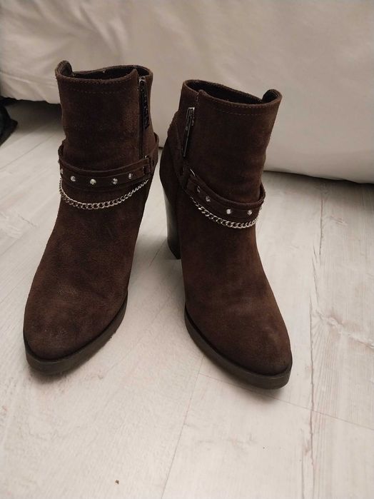 Skórzane Brąz - Botki Carini Styl Kowbojki