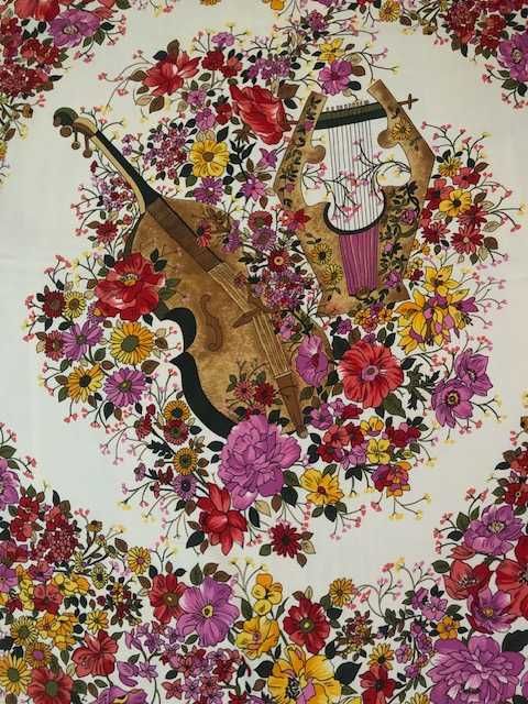 Lenço 100% seda natural Christian Dior desenho floral com violino
