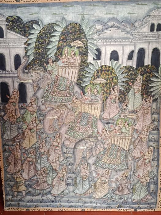 Quadro grande antigo pintado a mao sobre seda origem India