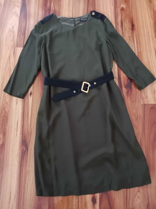 Bialcon piękna sukienka R.38 khaki jak nowa, z paskiem i kieszeniami.