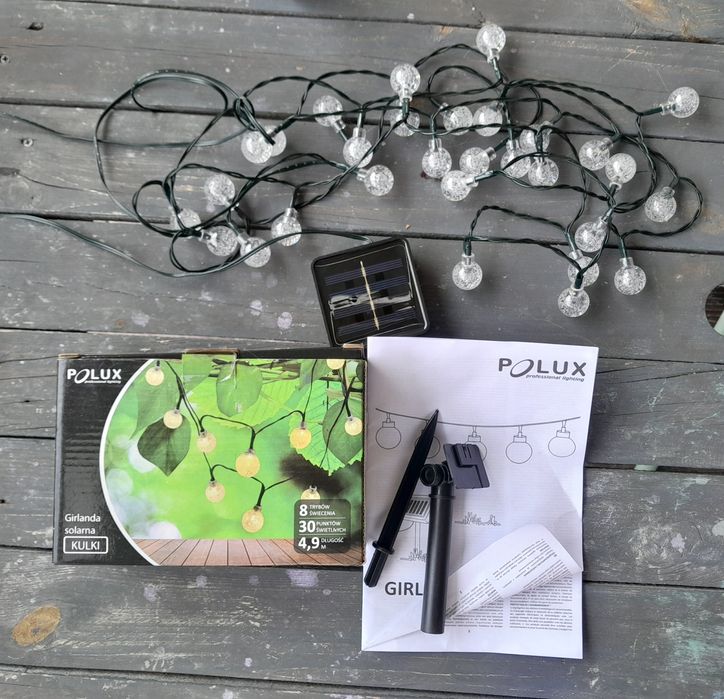 Lampki solarne nowe Polux 3,9m 30led punktów świecenia ciepłe ciepła