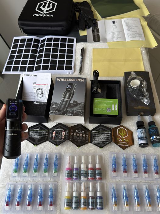 Kit Tatuagem Profissional COMPLETO | Máquina Pen Sem fios, Pele Treino, Instruções, Stroke Regulável