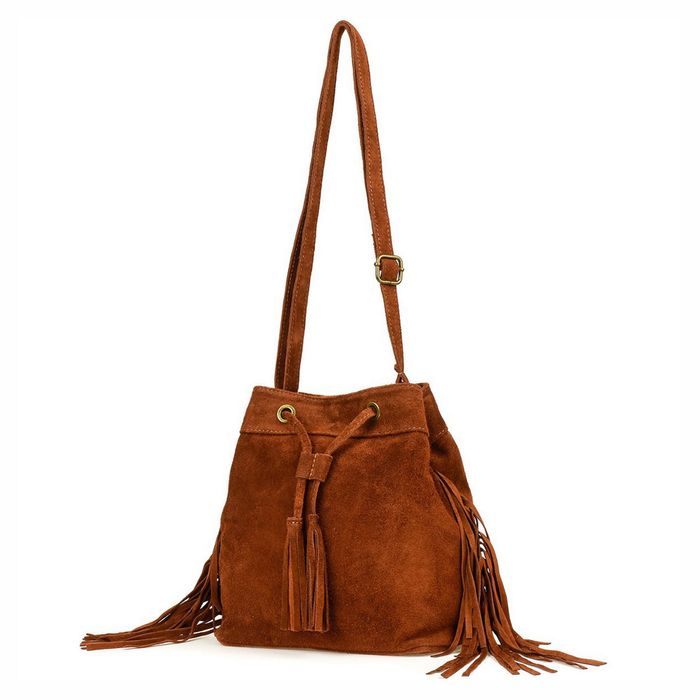 VERA PELLE torebka zamszowa listonoszka z frędzlami V477 brązowa