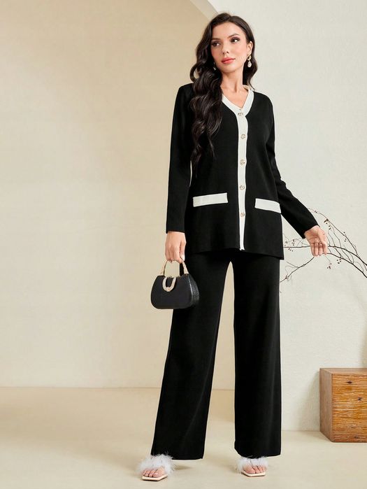 Komplet Elegancki Sweterkowy Top + Kardigan + Spodnie Czarne Shein M