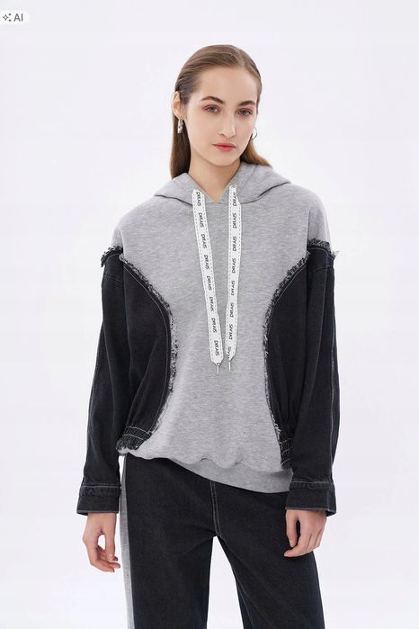 Bluza damska oversize melanżowa z kapturem i surowym szwem s 5ia