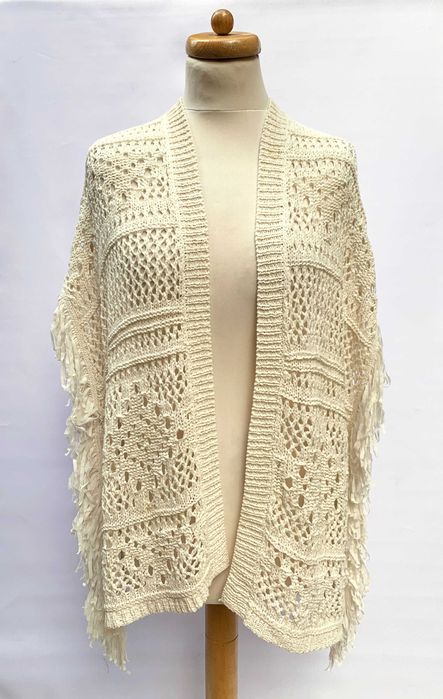 Sweter Kremowy New Look M 38 Ażurowy Frędzle Narzutka