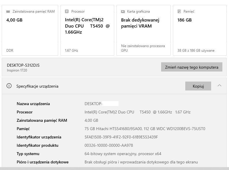 Laptol Dell Inspiron 1720 17 cali WIN10 Intel Core 2 DUO  1,66 GHz