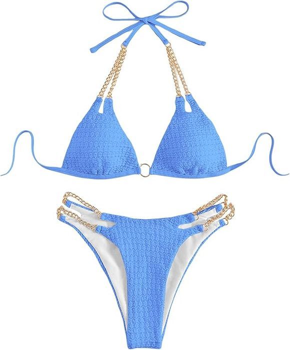 Bikini damskie glamour - złote łańcuszki - niebieskie S