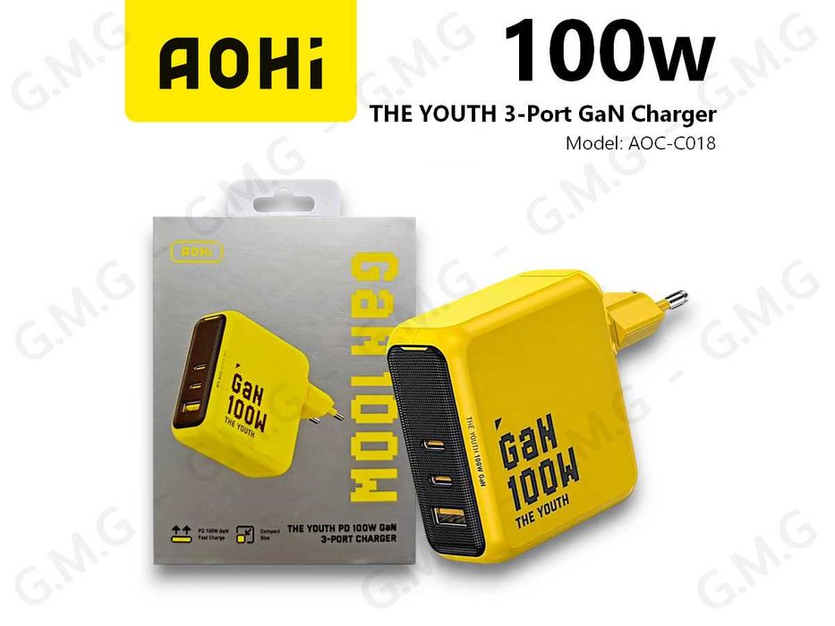 Зарядний пристрій AOHi The Youth 100W 3-Port GaN Charger EU (AOC-C018)
