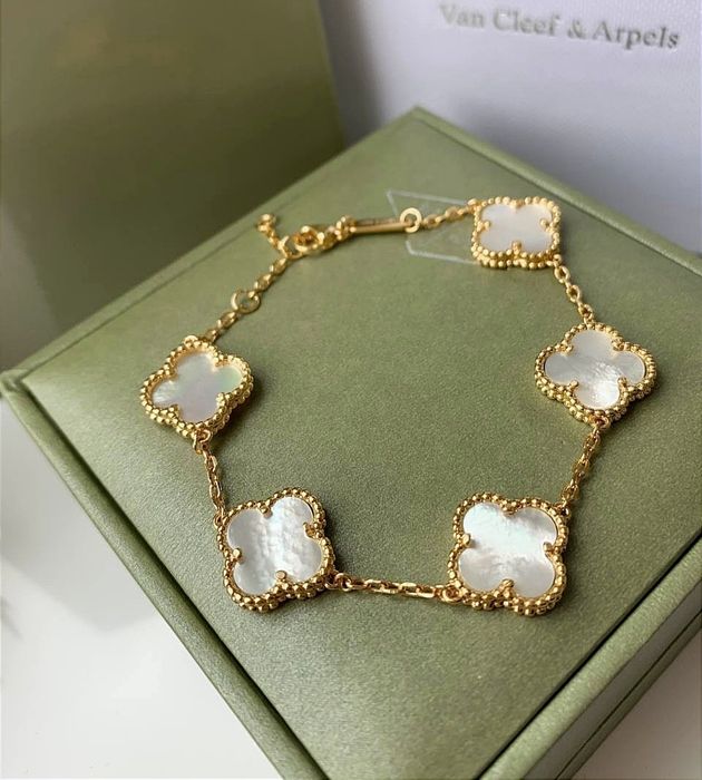 Люкс Браслет Van Cleef Ван клиф клевер малахит оникс жемчуг цепочка