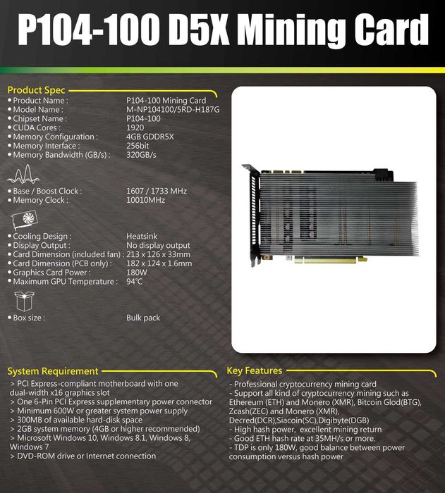 Відеокарти Nvidia Manli Zotac P104-100 8gb к-сть. для ШІ, AI mining