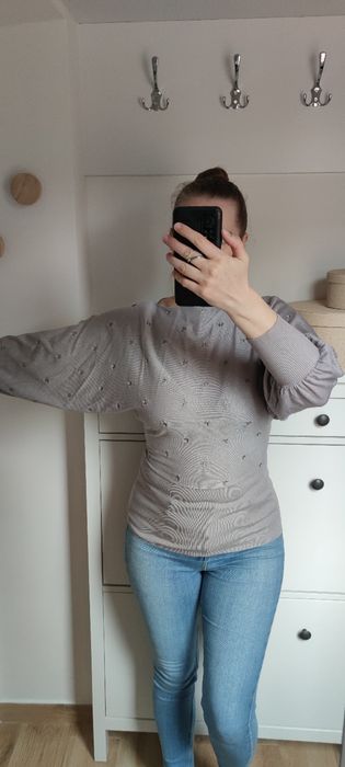 Szara bluzka S/M bufiaste ramiona wyszywane gwiazdki