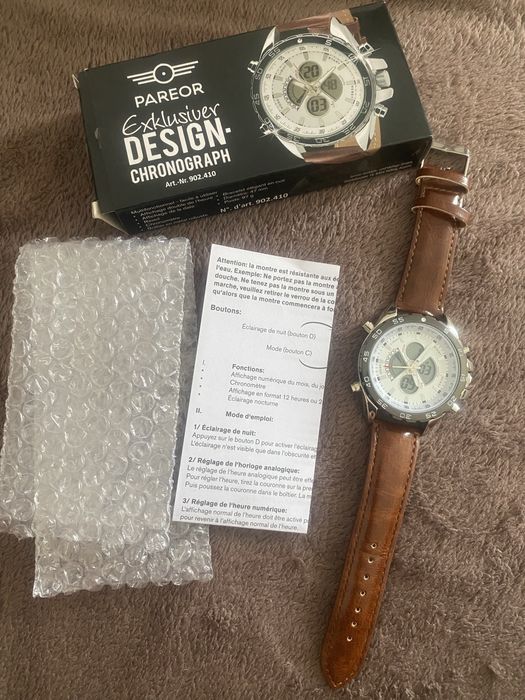PAREOR Chronograph duży zegarek kwarcowy chronograf sprawny jak nowy