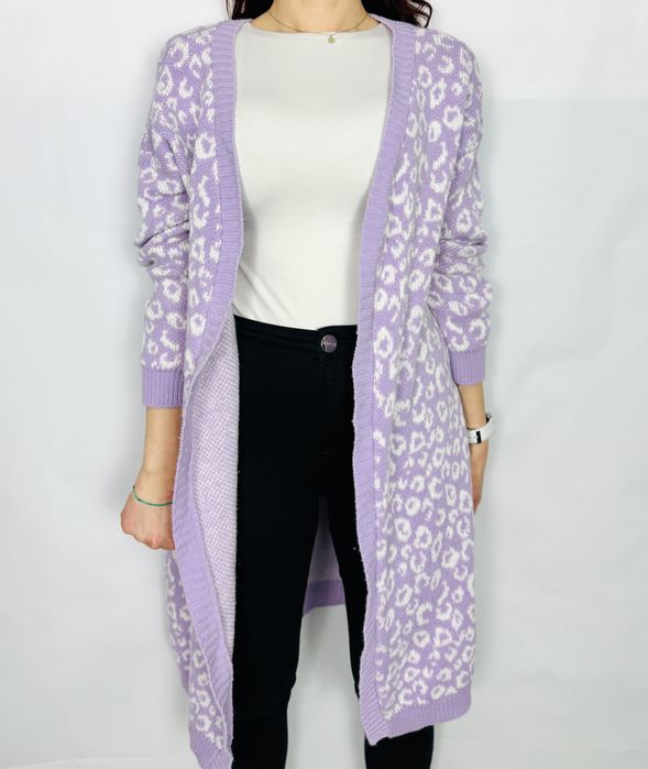 Liliowy kardigan w panterkę S 36