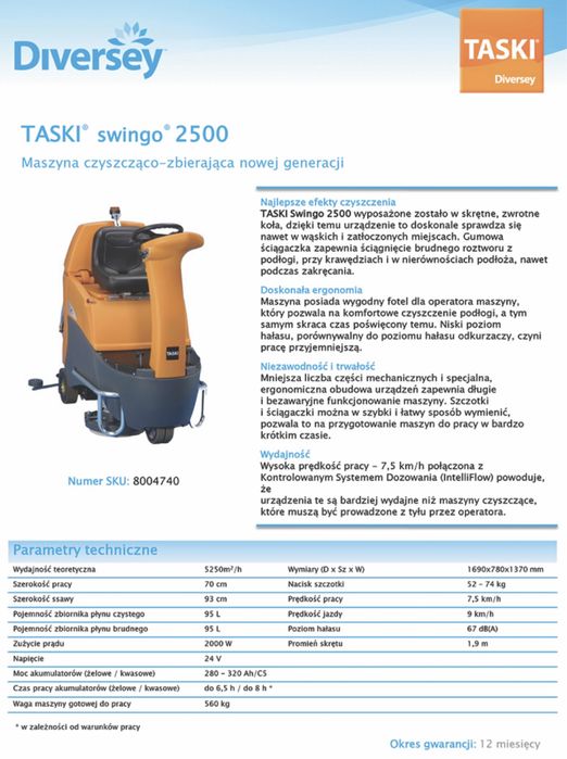 Maszyna sprzątająca TASKI swingo 2500 – wynajem | hale, magazyny