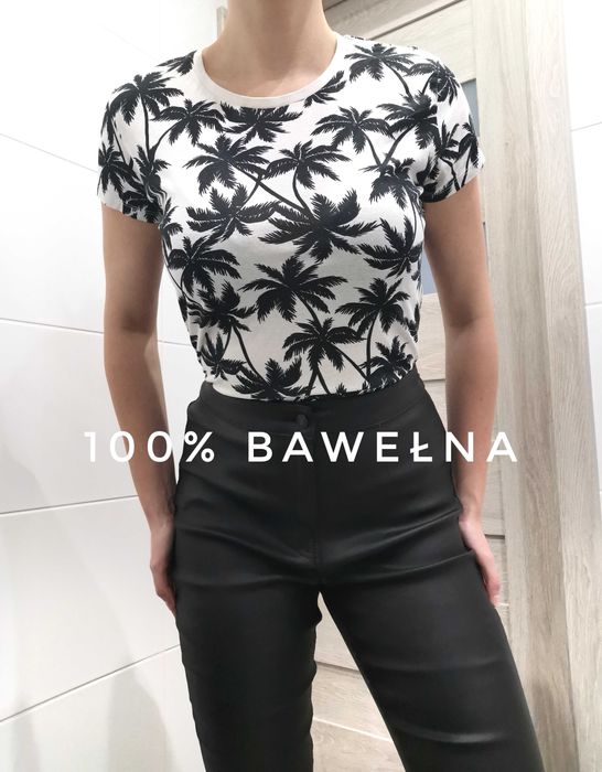 Biały t-shirt basic koszulka bluzka damska w palmy nadruk 38 M Primark