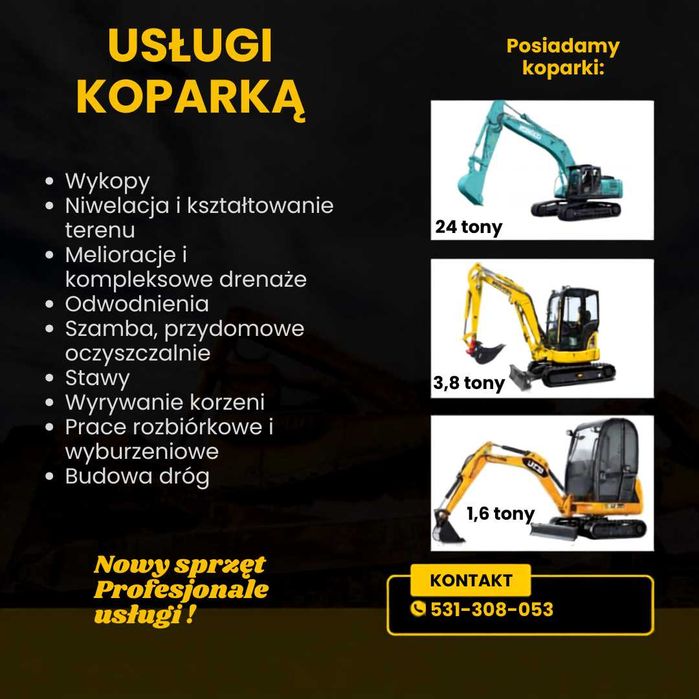 Usługi Koparkami - różne ładowności NOWY SPRZĘT