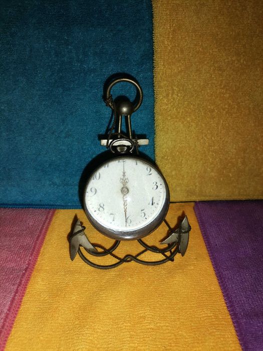 Suporte Antigo para Relógio de Bolso em forma de âncora, latão e vidro