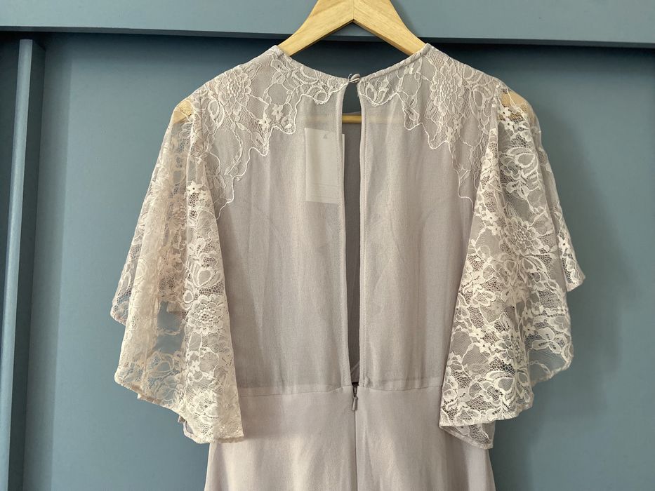 Asos piękna suknia świadkowa druhna liliowa koronka długa wesele nowa