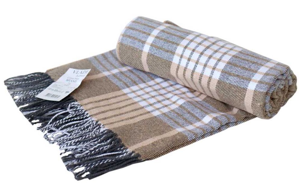 Koc MIAMI w kratkę z frędzlami NARZUTA NA ŁÓŻKO PLED piknikowy bawełna