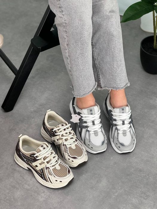 Стильні  шкіряні, сітка кросівки беж, сірі , N