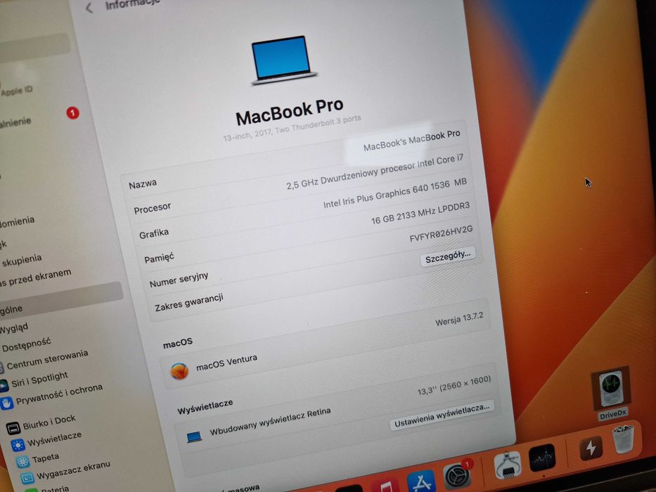 Macbook PRO 13 2017/ i7 2.50 GHZ/ 16GB/ 512GB/ czytaj uważnie opis