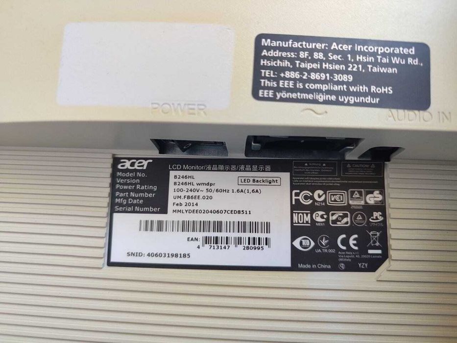 Монітор 24" Acer B246HL TN LED Full HD (1920x1080)DVI/VGA DP | білий‼️