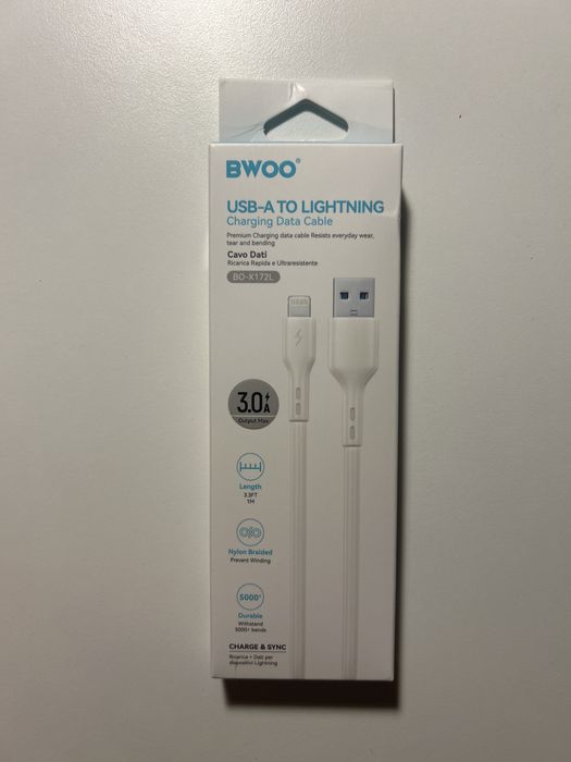 Nowy kabel usb-a to lightning do ladowania BWOO 3A 1m