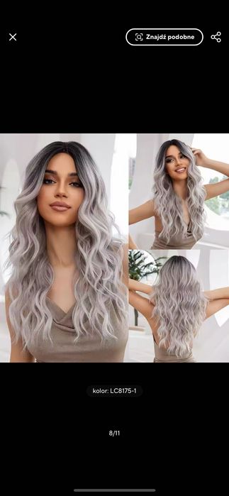 Nowa peruka siwa szara falowana bez grzywki fale loki długa naturalna