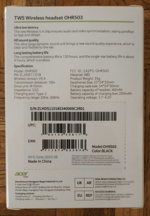 ACER OHR503 słuchawki bezprzewodowe dokanałowe czarne nowe