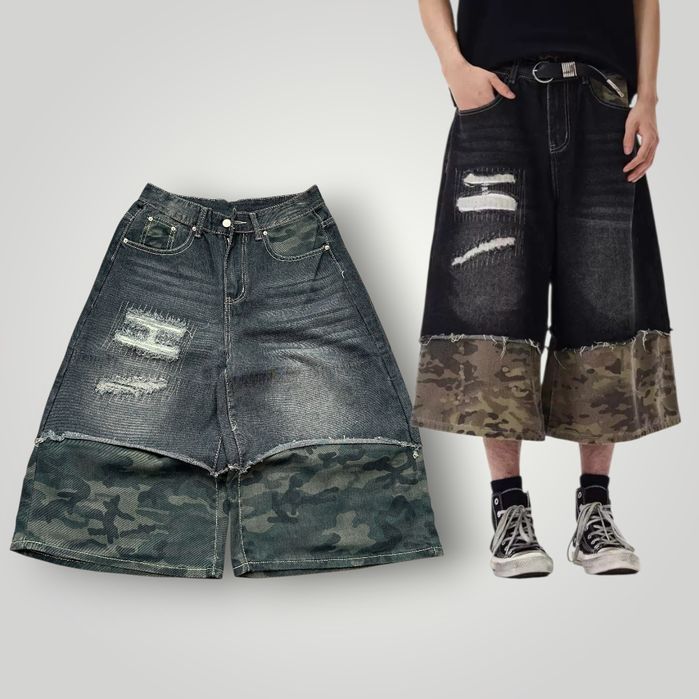 Довгі джинсові шорти з камуфляжними вставками широкі чорні opium jeans shorts bershka шорти jaded london потертості