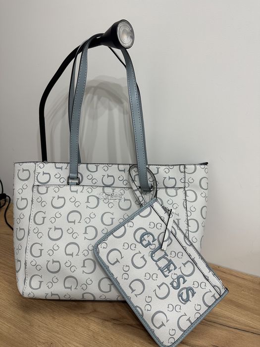 Oryginalna torebka Guess niebieska kremowa duża torba shopper bag