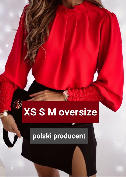 XS S M oversize czerwona bluzka koszula stójka bufiaste rękawy klasa