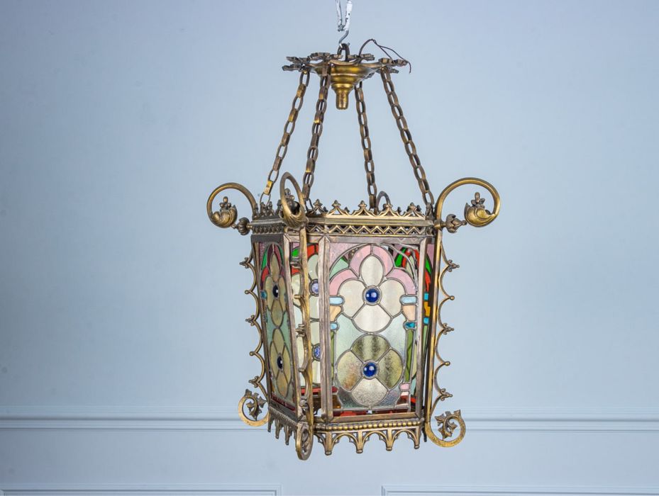 Антикварний бронзовий ліхтар з вітражами