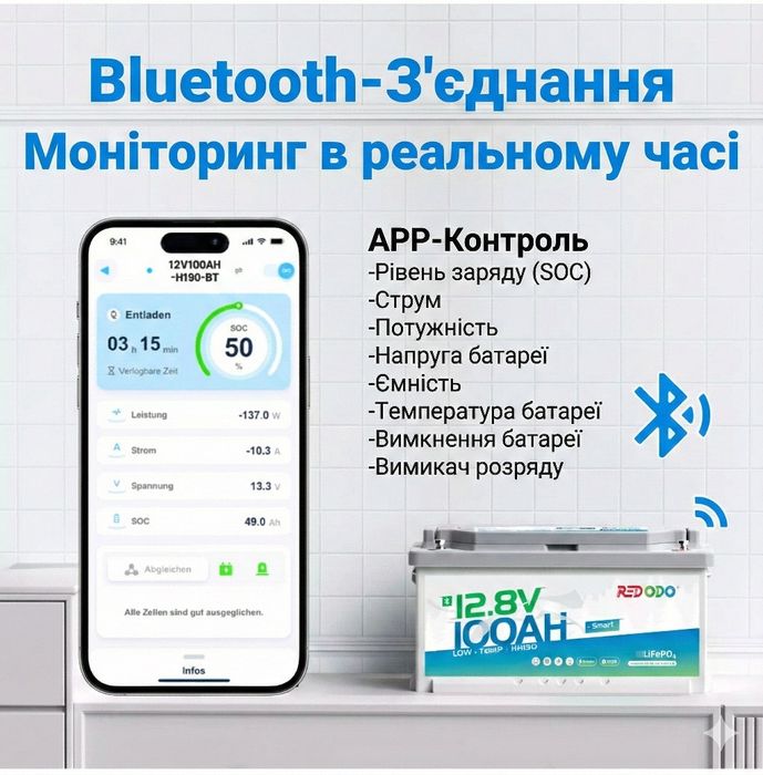 В наявності! Німеччина Redodo Lifepo4 Bluetooth 12v 100Ah акумулятор
