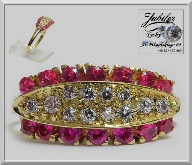 Złoty pierścionek z cyrkonie + rubiny Złoto 585 Jubiler Tychy